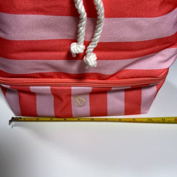 Victoria Secret Backpack Cooler Pocket Beach Bag Logo Drawstring Stripped Pink - Picture 3 of 14